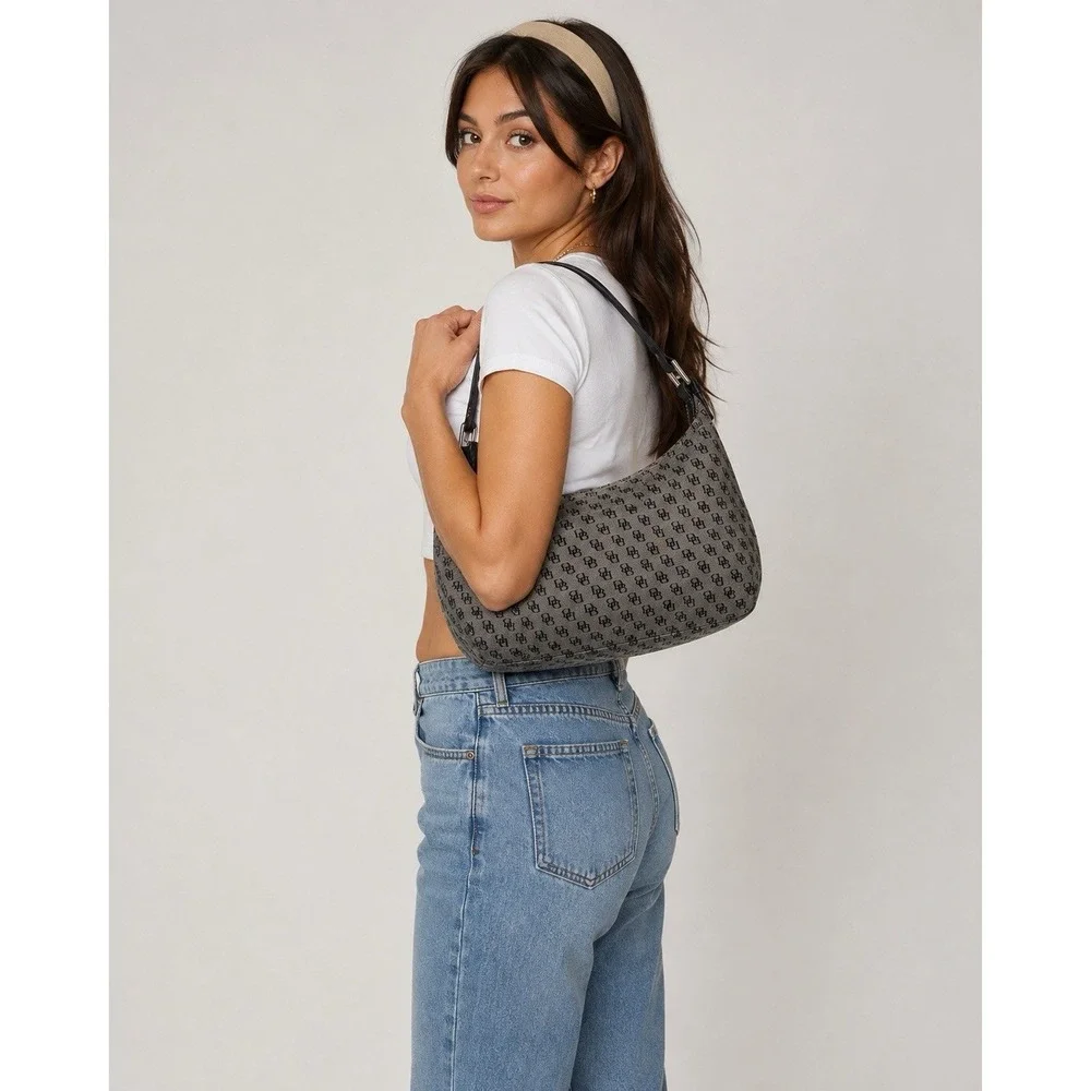 Dooney & Bourke DB Monogram Jacquard Hobo Shoulder Bag Black Leather Y2K